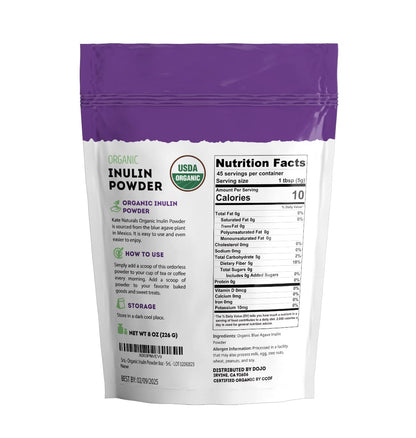 Kate Naturals Inulin Powder Organic from Blue Agave (8oz) Soluble Prebiotic Fiber for Coffee, Yogurt & Smoothies