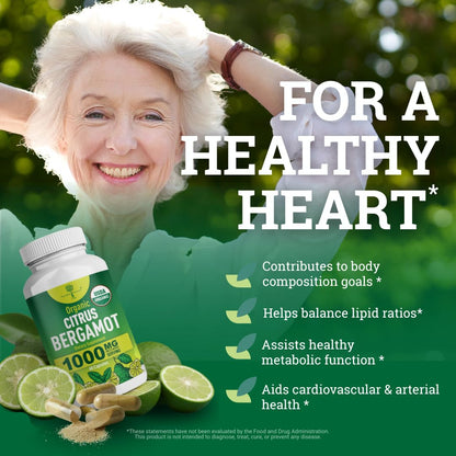 Organic Citrus Bergamot Supplement - Only USDA, Cardiologist Formulated with 200+ Scientific Studies -1000mg - Patented Extract, Heart, Cholesterol,