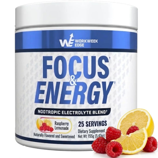 Supplement container labeled 'Focus & Energy' with raspberries and lemons on a white background