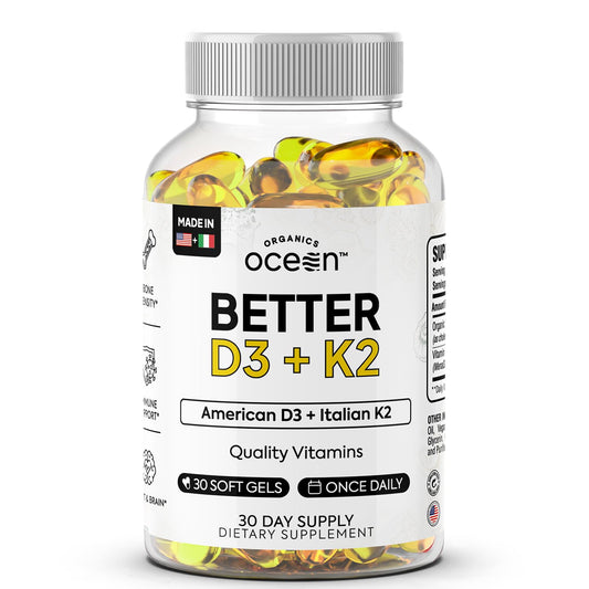 Organics Ocean Better D3 + K2-100% Organic VIT D3 and K2 Supplements with Maximum Bioavailability - Supports Bone Density, Calcium Balance