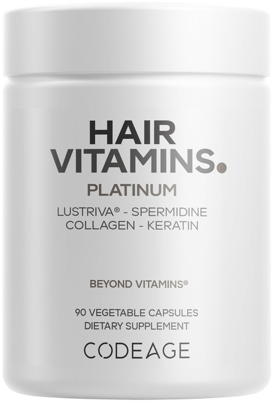 Codeage Hair Vitamins Platinum - Lustriva Hair Growth Support, Spermidine, AstraGin, Biotin, Keratin, Collagen, Enzymes, Omega-3, Multivitamins, Probiotics – Healthy Hair Supplement - 90 Capsules CodeageBuy Supplements Australia