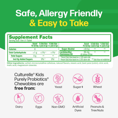 Culturelle Kids Chewable Daily Probiotic for Kids, Ages 3+, 30 Count, #1 Pediatrician-Recommended Brand, Natural Berry Flavored Daily Probiotics