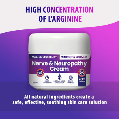 Nerve and Neuropathy Cream – Plant Powered Relief for Foot, Hands, Legs, Toes Includes 7grams of L’Arginine; Vitamin B6, Arnica, Aloe -2.82oz