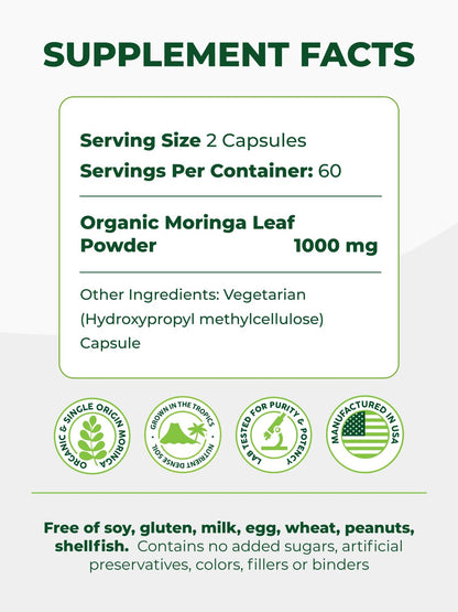 PURA VIDA MORINGA Organic Moringa Capsules, Pure Moringa Leaf Powder Single Origin for Energy, Metabolism & Immune Support