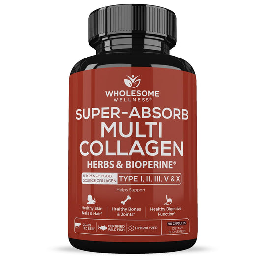 Wholesome Wellness Super-Absorb Multi Collagen Pills (Type I II III V X) Organic Herbs & Bioperine - Hair, Skin, Nails - Hydrolyzed Peptides Protein Supplement for Women & Men (90 Capsules) Wholesome Wellness buy supplements Au