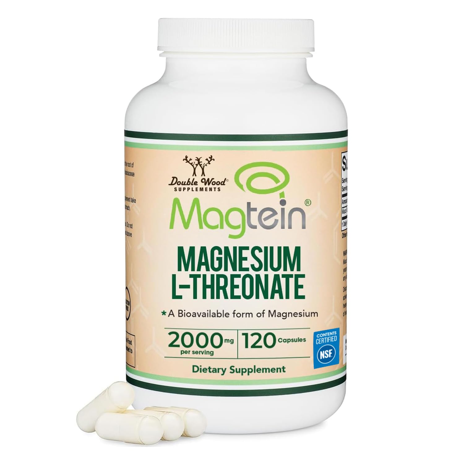 Supplement bottle labeled 'Magtein Magnesium L-Threonate' with capsules on a white background