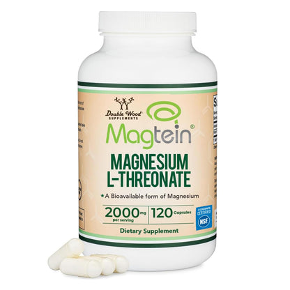 Supplement bottle labeled 'Magtein Magnesium L-Threonate' with capsules on a white background