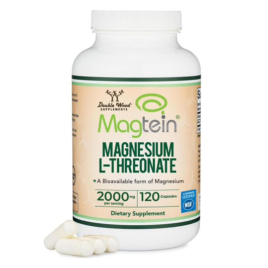 Supplement bottle labeled 'Magtein Magnesium L-Threonate' with capsules on a white background