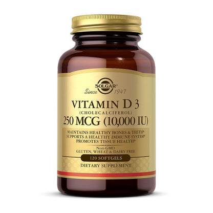 Solgar Vitamin D3 (Cholecalciferol) 250 MCG (10,000 IU), 120 Softgels - Helps Maintain Healthy Bones & Teeth - Immune System Support