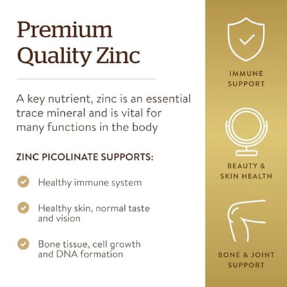 Solgar Zinc Picolinate 22 mg, 100 Tablets - Promotes Healthy Skin - Supports Immune System, Normal Taste & Vision - Antioxidant – Non-GMO, Vegan