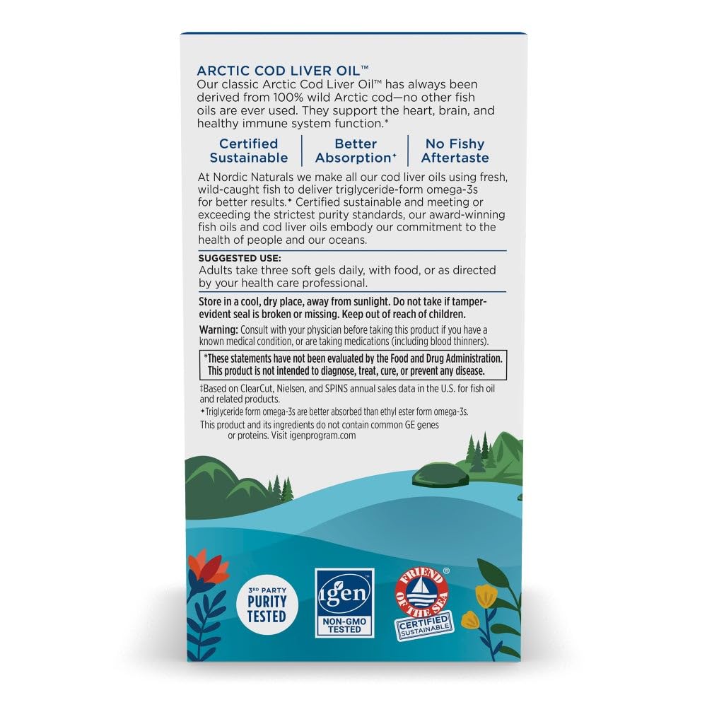 Nordic Naturals Arctic Cod Liver Oil, Lemon - 180 Soft Gels - 750 mg Total Omega-3s with EPA & DHA - Heart & Brain Health, Healthy Immunity, Overall Wellness - Non-GMO - 60 Servings Nordic NaturalsBuy Supplements Australia
