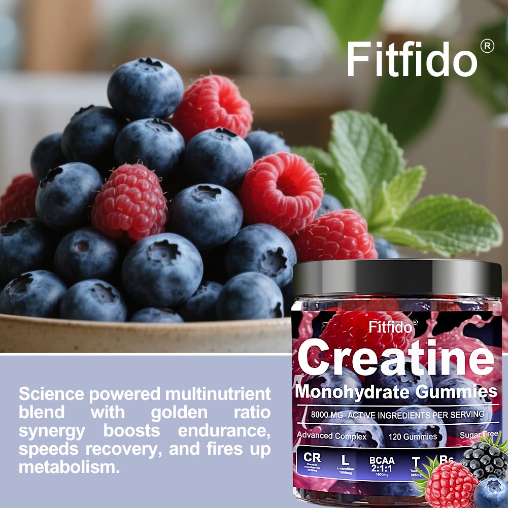 Creatine Monohydrate Gummies Complex 8000mg for Men and Women, Containing L-carnitine & Taurine, Build Muscle, Boost Energy, Faster Recovery, Sugar Free & Vegan