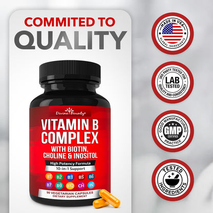 Divine Bounty Super B Complex Vitamins - All B Vitamins Including B12, B1, B2, B3, B5, B6, B7, B9, Folic Acid - Vitamin B Supplement