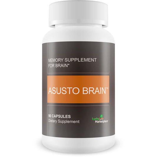 Memory supplement for brain bottle labeled 'ASUSTO BRAIN' on a white background