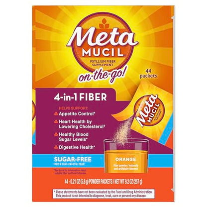 Metamucil On-the-Go Packets, Sugar-Free, 44 Packets, 4-in-1 Psyllium Husk Fiber Supplement, Orange Flavored, Individual Servings Great for Travel