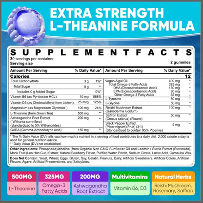 L Theanine Calm Gummies 500mg, Sugar-Free Liposomal L-Theanine Supplement, w/Safforn, Magnesium Glycinate, GABA, Ashwagandha, Algae Omega-3, Vitamin D3 B12