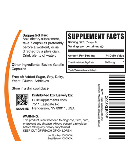 BulkSupplements.com Creatine Monohydrate Capsules - Micronized Creatine Pills - Gluten Free, 7 Capsules per Serving