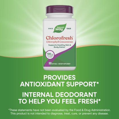 Nature’s Way Chlorofresh Chlorophyll Concentrate Softgels, Chlorophyllin Copper Complex, Internal Deodorant Supplement, Supports Healthy Skin and Detox Pathways