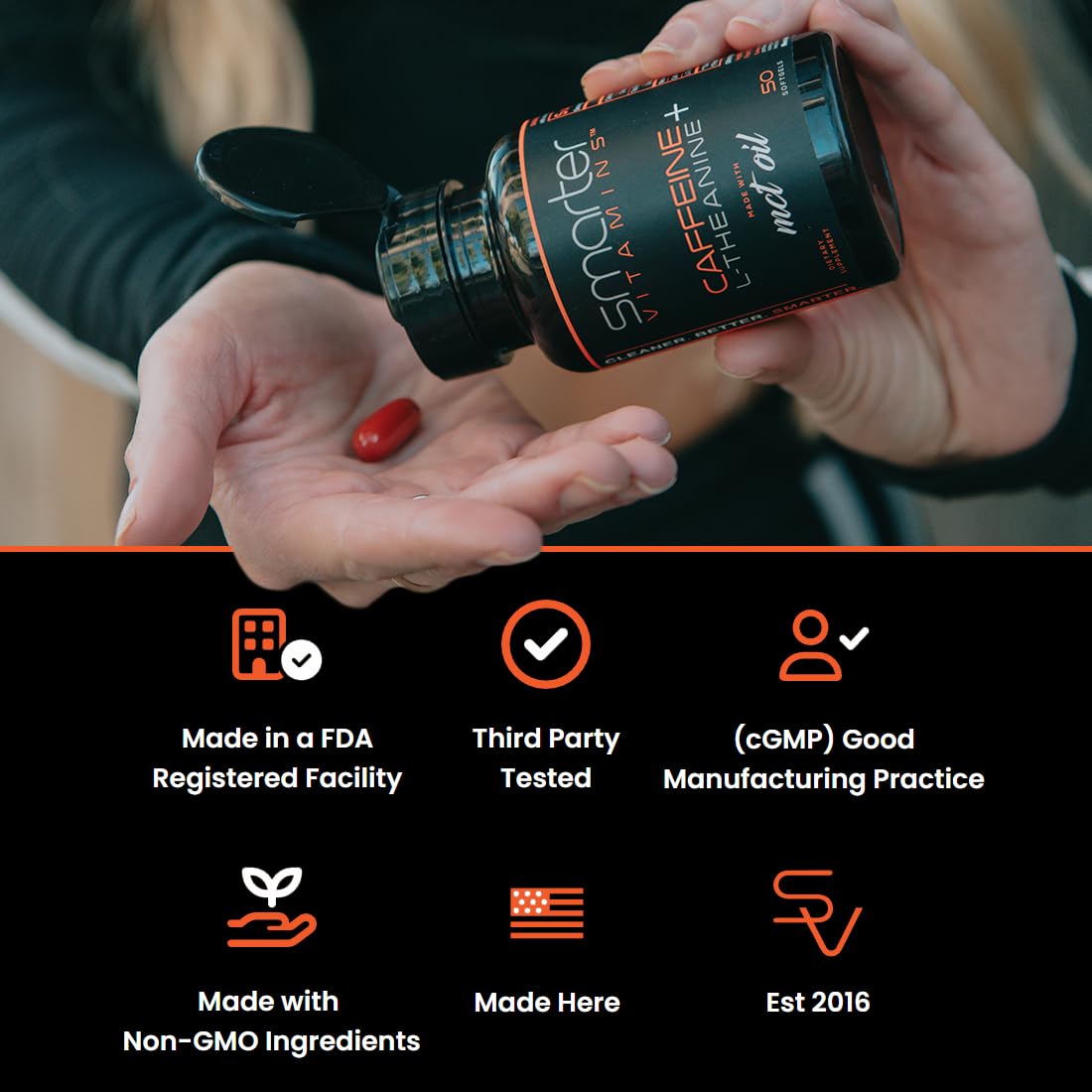 SmarterVitamins 200mg Caffeine Pills - MCT Oil from 100% Coconuts + 100mg L-Theanine, Energy and Focus