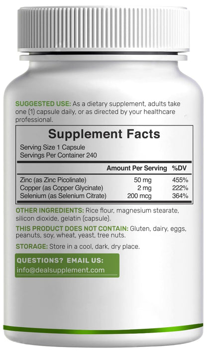 Deal Supplement Zinc 50mg with Selenium + Copper, 240 Capsules, 8 Month Supply, 3 in 1 Mineral Formula, Zinc Picolinate Complex Supplement