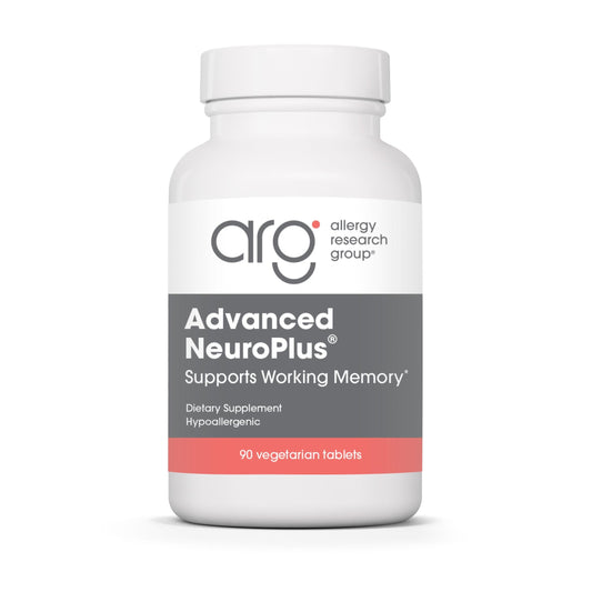 Supplement bottle labeled 'Advanced NeuroPlus' by Allergy Research Group on a white background
