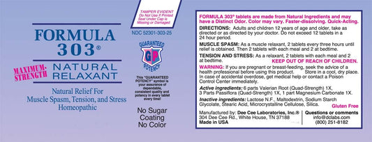 Dee CEE Labs Formula 303 Maximum Strength Tablets, 90 Tablets; All-Natural containing Magnesium for Sore Muscles