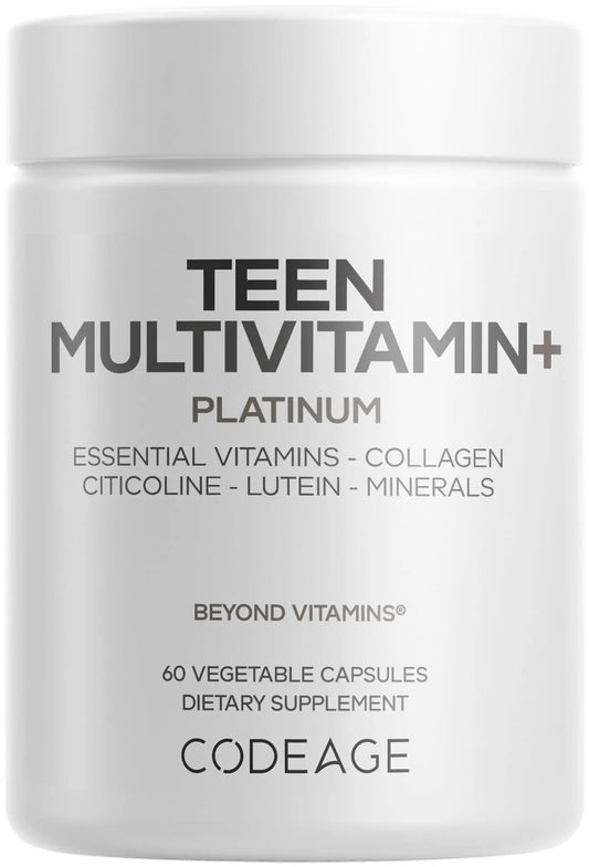 Codeage Teen Multivitamin+ Platinum Supplement - Vitamins A, C, D3, E, K2, B6, B12, Minerals, Probiotics, Citicoline Codeage