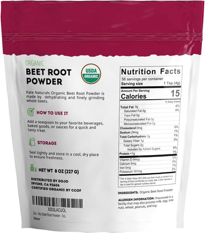 Kate Naturals Organic Beet Root Powder for Smoothies, Baking & Juice. Raw Beetroot Superfood & Natural Red Food Coloring