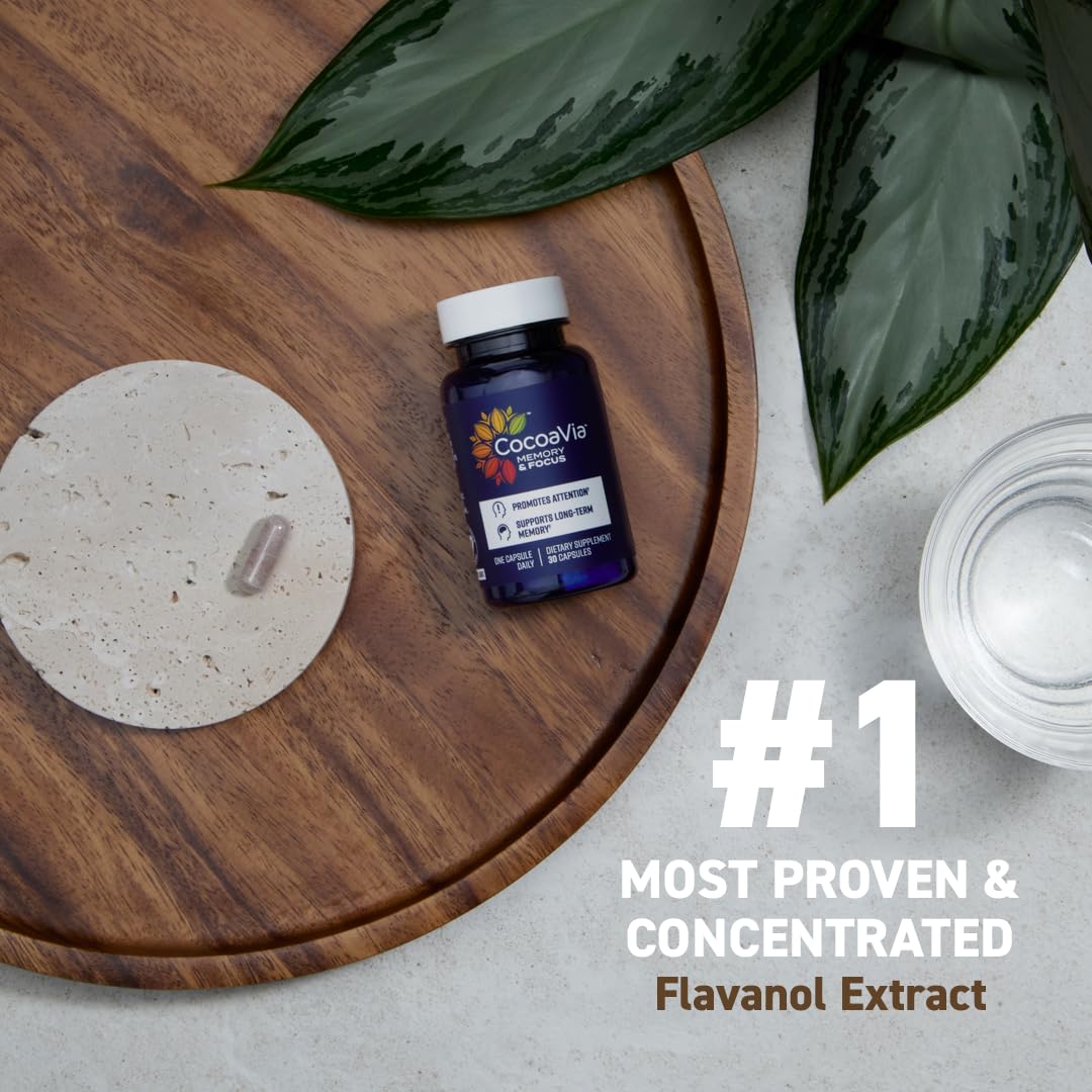 CocoaVia Memory & Focus Brain Supplement, 90 Day, Cocoa Flavanol Blend, Lutein, Added Caffeine for Boost. Improve Cognitive Function, Attention, Vegan & Plant Based, 90 Capsules CocoaViaBuy Supplements Australia