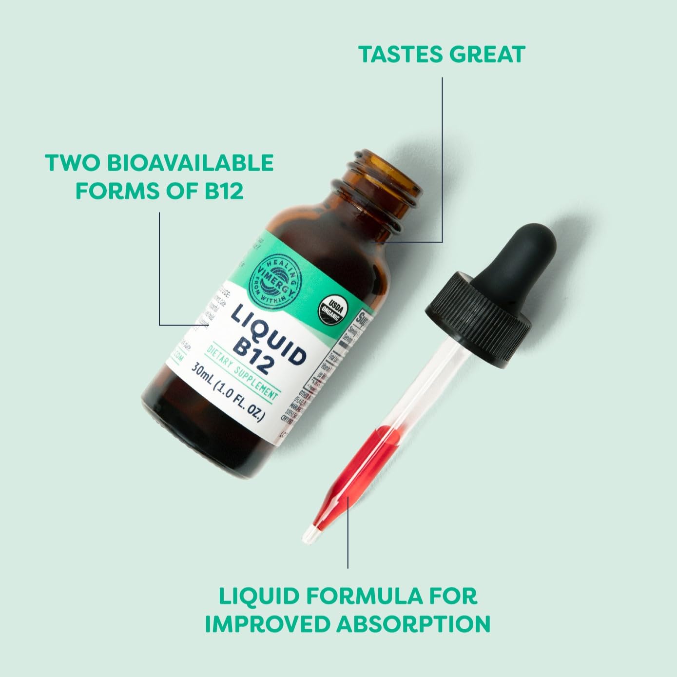 Vimergy USDA Organic Liquid Vitamin B12 Supplement 2500 mcg, Methylcobalamin & Adenosylcobalamin Fast-Absorbing Energy Support, Vegan, Non-GMO B12 Vitamins