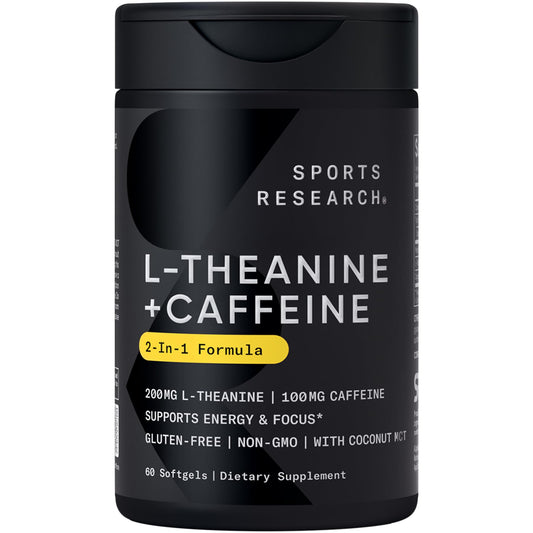 Sports Research L-Theanine Supplement with Caffeine & Coconut MCT Oil - Focused Energy, Alertness & Relaxation Without Drowsiness - 200mg L Theanine, 100mg Organic Caffeine - 60 Liquid Softgels Sports Research buy supplements Au