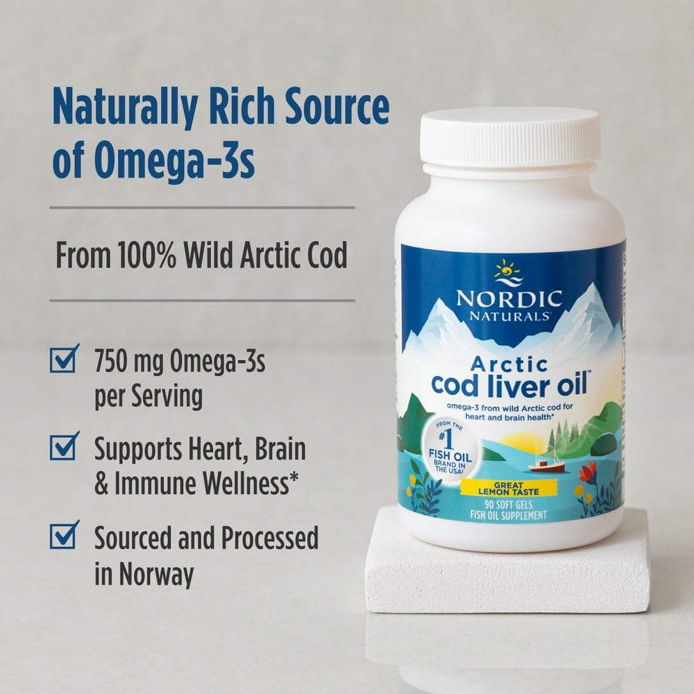 Nordic Naturals Arctic Cod Liver Oil, Lemon - 180 Soft Gels - 750 mg Total Omega-3s with EPA & DHA - Heart & Brain Health, Healthy Immunity, Overall Wellness - Non-GMO - 60 Servings Nordic NaturalsBuy Supplements Australia