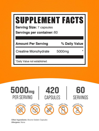 BulkSupplements.com Creatine Monohydrate Capsules - Micronized Creatine Pills - Gluten Free, 7 Capsules per Serving