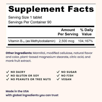 EZ Melts Dissolvable B12 2,500 mcg - Vitamin B12 for Energy & Immune Support - Non-GMO, Vegan & Gluten-Free