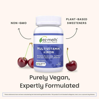 EZ Melts Multivitamin + Iron - Daily Multivitamin for Women & Men - Supports Healthy Energy Levels & Antioxidant Protection - Non-GMO & Vegan - Tropical Cherry