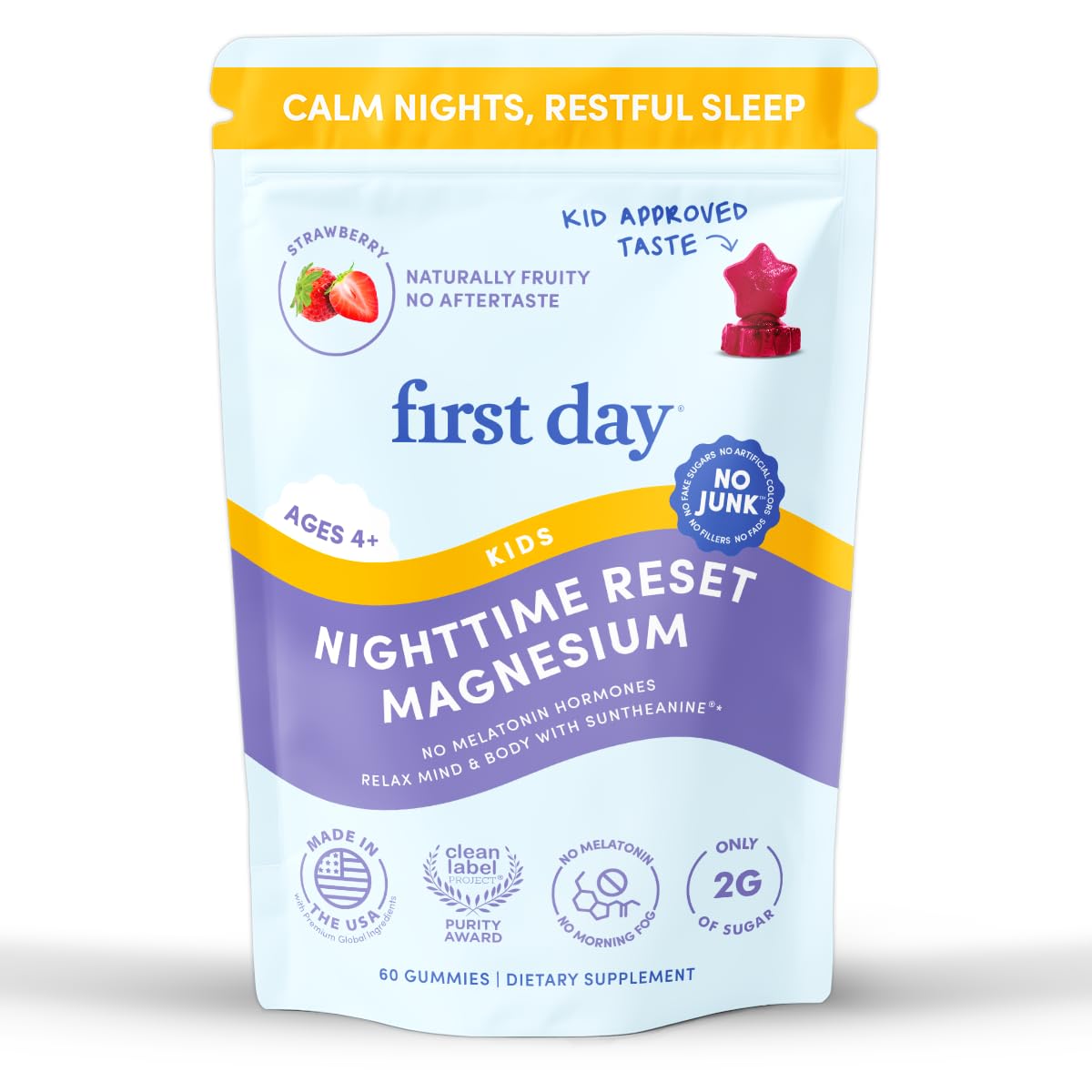 FIRST DAY Kids Magnesium Citrate Gummies (Ages 4+) with No Melatonin | Calm Kids Magnesium Gummies | Bedtime Supplement for Better Sleep with Suntheanine