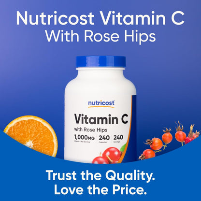 Nutricost Vitamin C with Rose Hips 1025mg, 240 Capsules - Vitamin C 1,000mg, Rose Hips 25mg, Premium