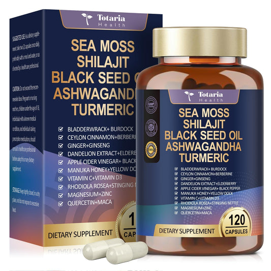 25-in-1 Sea Moss Black Seed Oil Ashwagandha Ginger Shilajit Supplement, Sea Moss Capsules Pro with Bladder Burdock Ceylon Cinnamon Berberine ACV Manuka VIT C & D3 for Men Women, 120 Vegan Caps TotariaBuy Supplements Australia