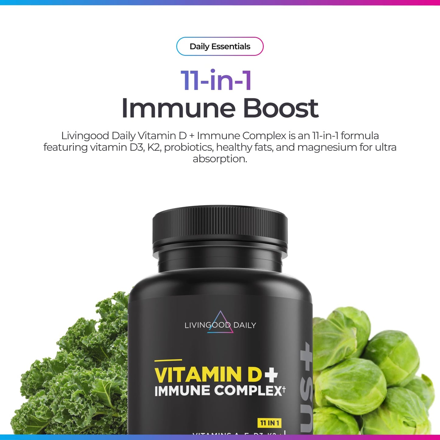 Livingood Daily Vitamin D3 K2 4000 IU Supplement, 9-in-1 Dietary Supplement for Immune Support - Made with Vitamins D, A, E, K2, Zinc, Magnesium & Probiotic Blend for Maximum Absorption - 60 Capsules Livingood Daily buy supplements Au