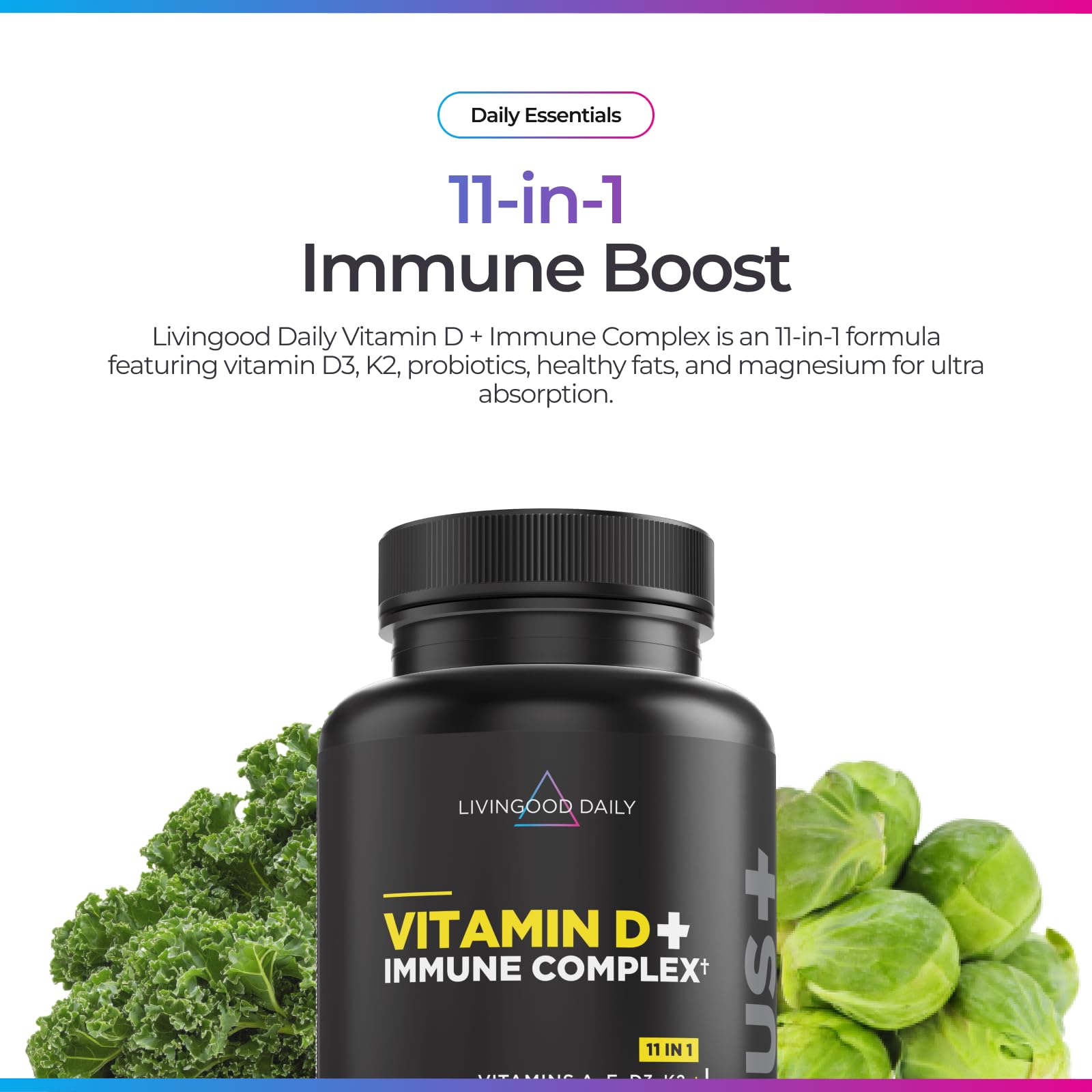 Livingood Daily Vitamin D3 K2 4000 IU Supplement, 9-in-1 Dietary Supplement for Immune Support - Made with Vitamins D, A, E, K2, Zinc, Magnesium & Probiotic Blend for Maximum Absorption - 60 Capsules Livingood Daily buy supplements Au
