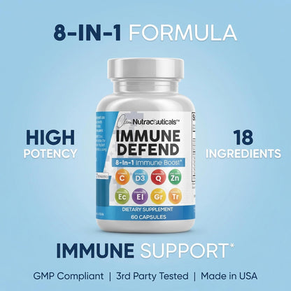 Clean Nutraceuticals Immune Defense Support Supplement 8 in 1 with Zinc 50mg Quercetin, VIT C 1000mg, Vitamin D3 5000 IU, Elderberry, Ginger - Immunity System Booster for Adults, Vegan - 60 Count Clean NutraceuticalsBuy Supplements Australia