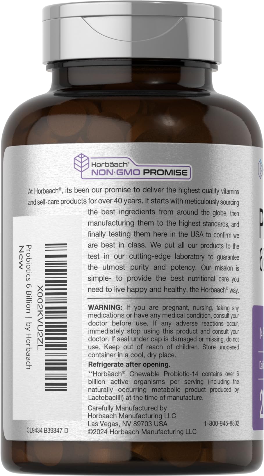 Horbäach Probiotics 6 Billion CFUs | 200 Chewable Tablets | Berry Flavor | 14 Probiotic Strains | Vegetarian, Non-GMO & Gluten Free Supplement for Men & Women
