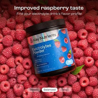 KEY NUTRIENTS Multivitamin Electrolytes Powder No Sugar - Sweet Blue Raspberry Electrolyte Powder - Endurance & Energy Supplement - Hydration Powder