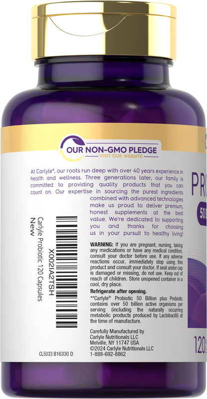 Carlyle Probiotics with Prebiotics | 120 Capsules | 50 Billion Active Organisms | Non-GMO & Gluten Free Supplement