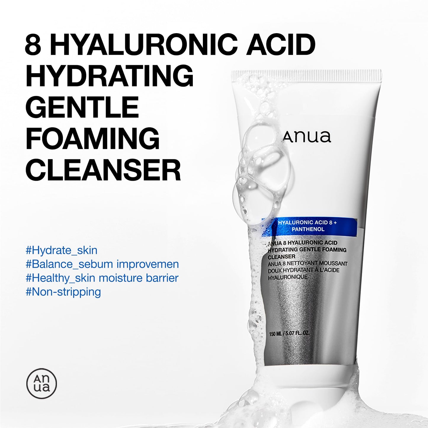 Anua Hydrating Gentle Foaming Cleanser, Hyaluronic Acid, Glycerin, Zinc, Panthenol, Korean Face Wash for Dry Skin