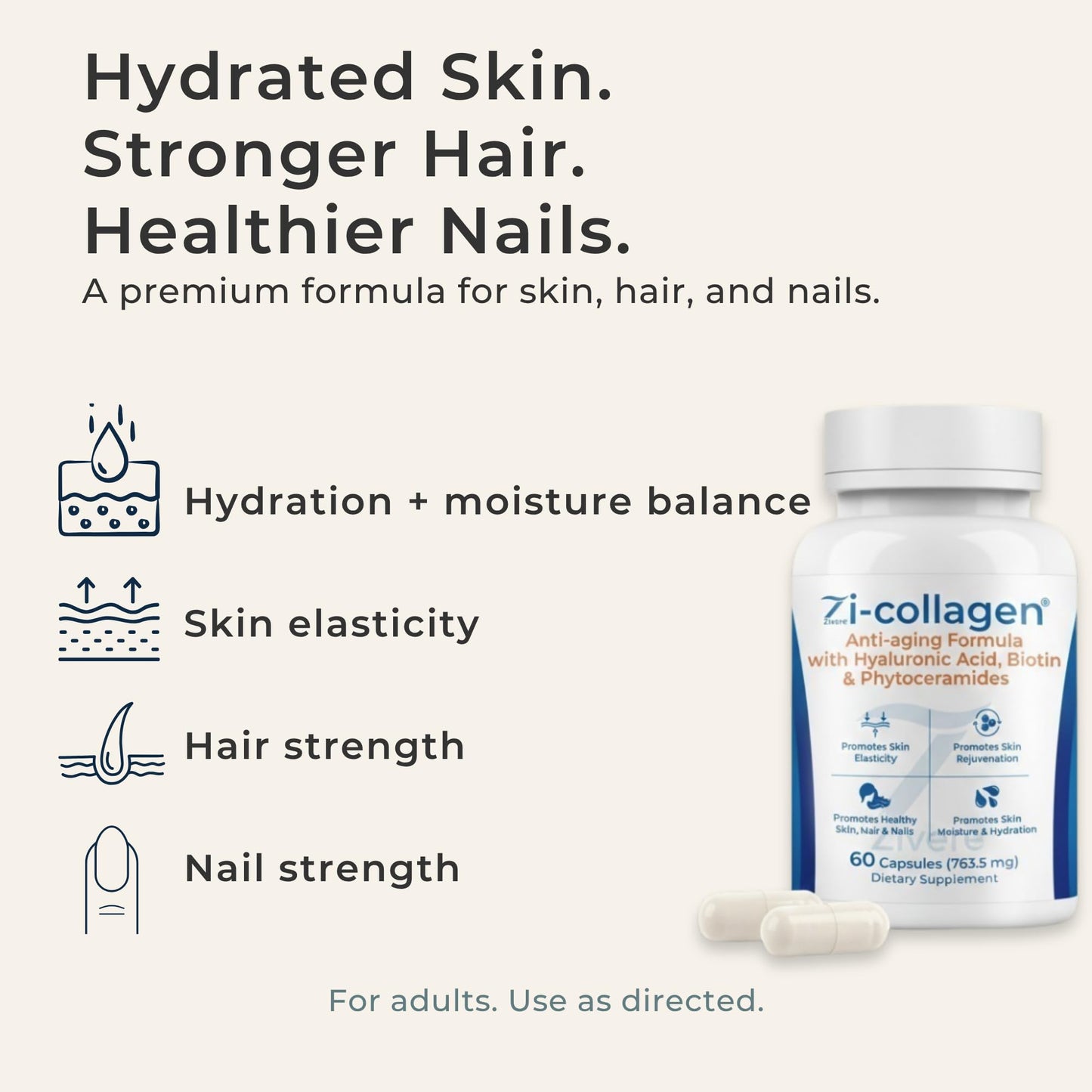 Zi-Collagen Marine Collagen Capsules for Skin, Hair & Nails Support – with Phytoceramides, Hyaluronic Acid, Biotin & Vitamins A C D3 E – 60 Capsules Zivere buy supplements Au