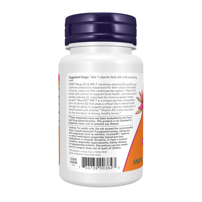NOW Foods Supplements, Mega D-3 & MK-7 with Vitamins D-3 & K-2, 5,000 IU/180 mcg, Bone & Cardiovascular Support*, 60 Veg Capsules NOW Foods buy supplements Au