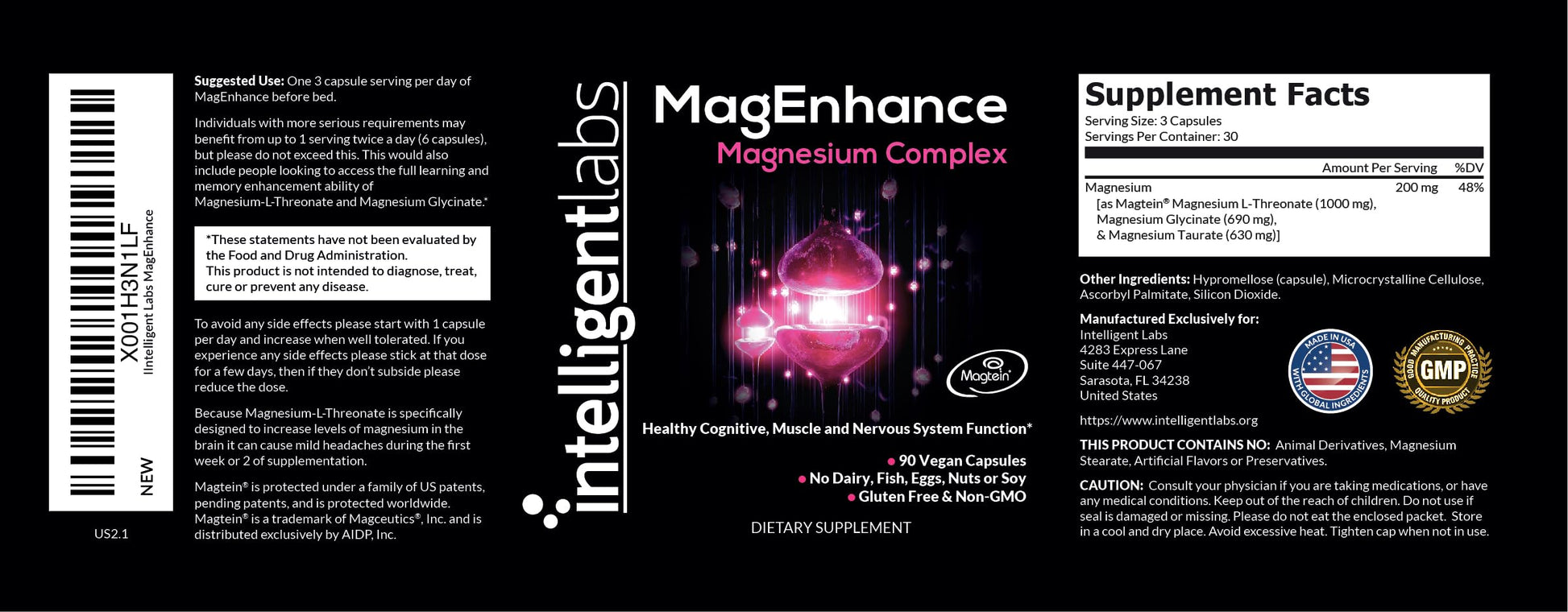 Intelligent Labs MagEnhance Magtein Magnesium Complex Supplement L-Threonate with Magnesium Glycinate and Taurate, 90 Capsules Intelligent Labs buy supplements Au
