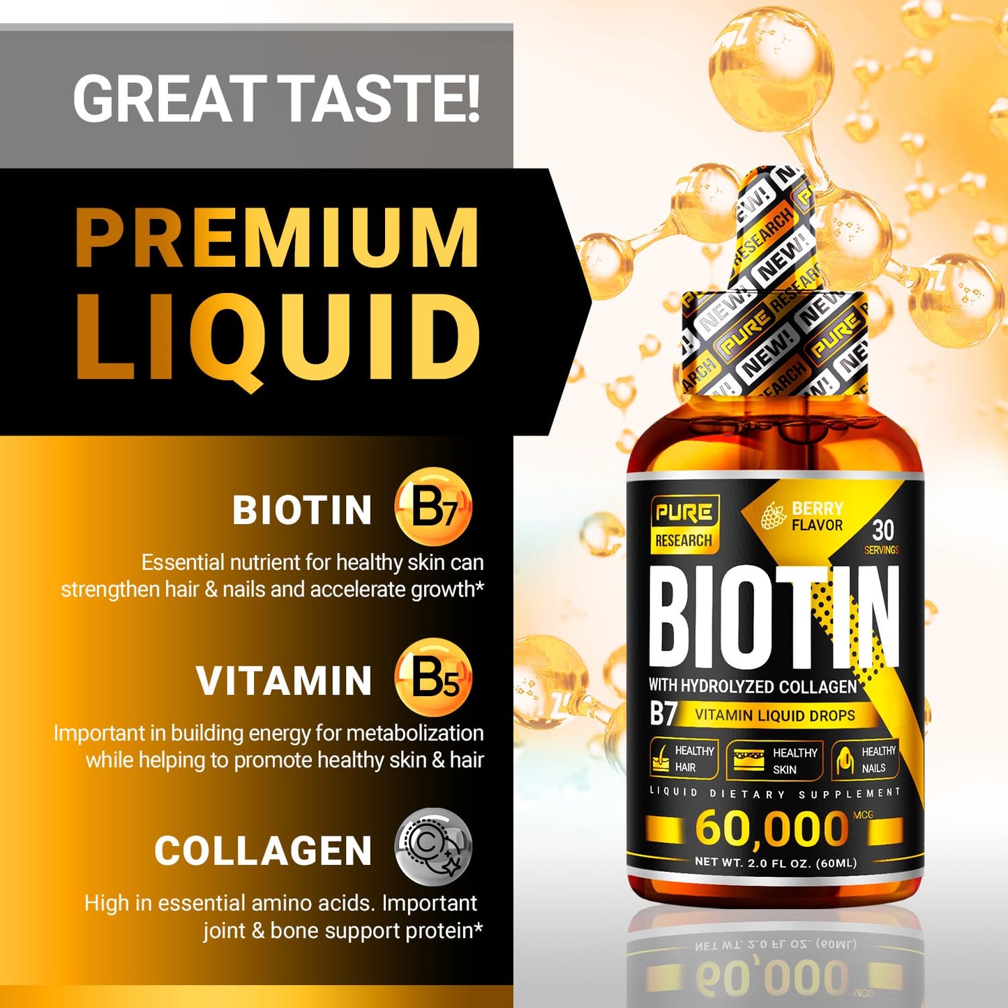 PURE RESEARCH Liquid Biotin & Collagen Hair Growth Drops 60,000mcg – Biotin and Liquid Collagen Supplements for Women & Men – Supports Glowing Skin