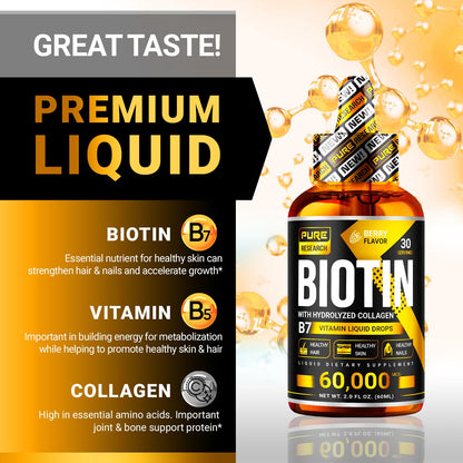 PURE RESEARCH Liquid Biotin & Collagen Hair Growth Drops 60,000mcg – Biotin and Liquid Collagen Supplements for Women & Men – Supports Glowing Skin